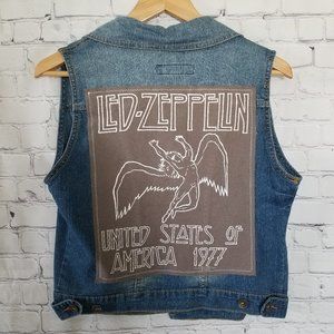 Upcycled Led Zeppelin Denim Vest L Brown